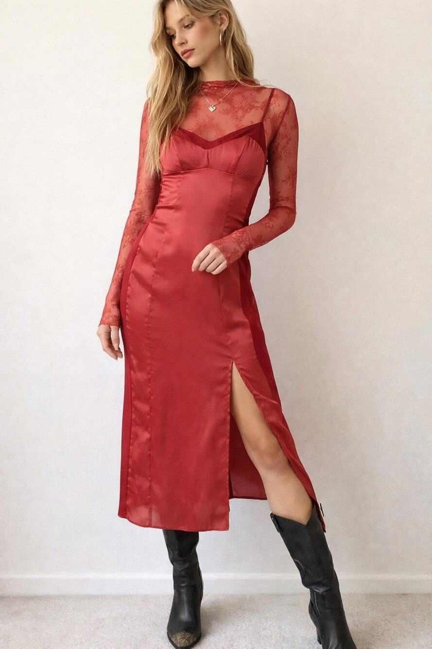 Free People Intimately City Cool Midi Slip Dress Venetian Red Satin Side Slit XS